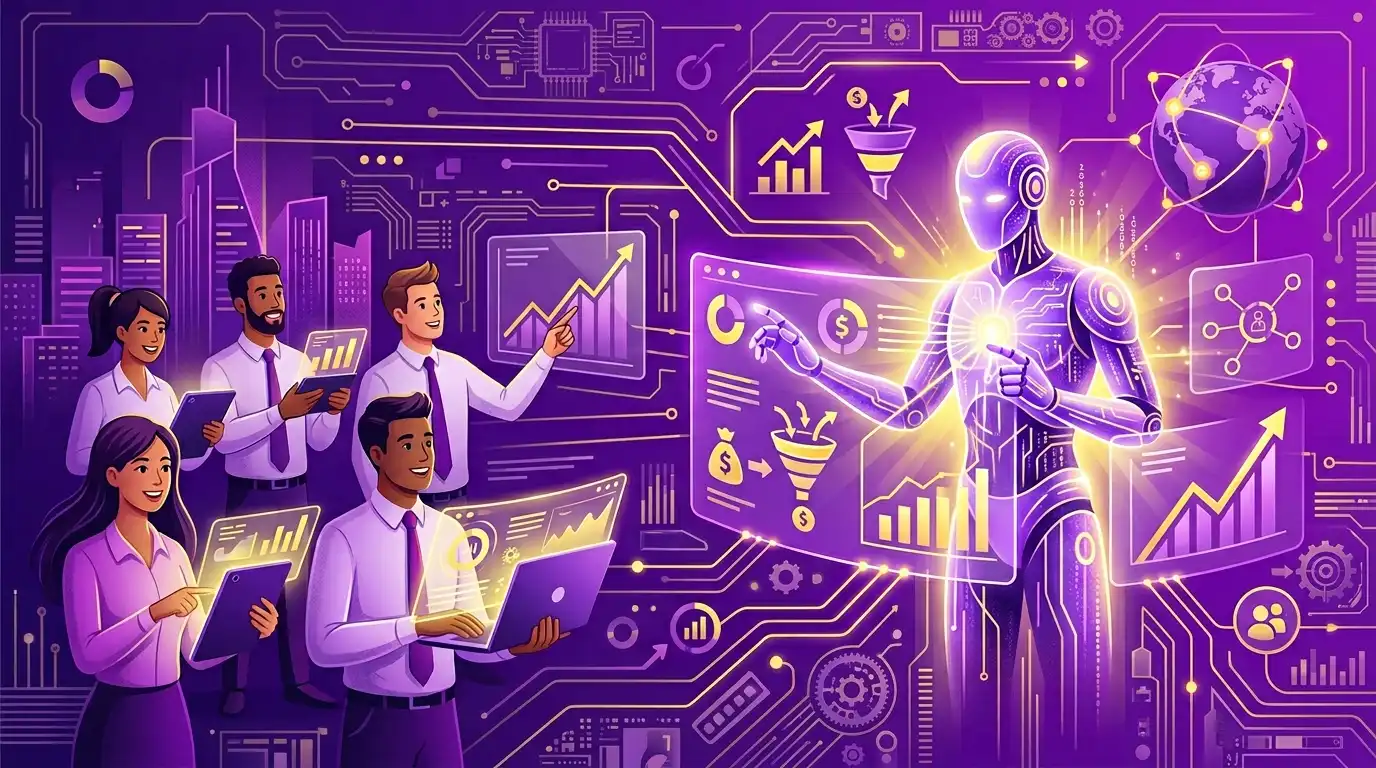 Mor gradyan ve sarı vurgu ile yapay zeka destekli satış stratejisi ve CRM akışını anlatan academy kapak görseli